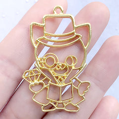 Gentleman Theft Cat Open Bezel Pendant | Kawaii Phantom Theft Animal Charm | UV Resin Jewelry Supplies (1 piece / Gold / 30mm x 46mm)