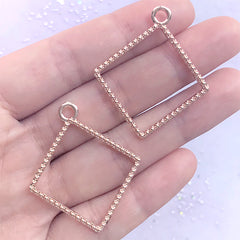 Square Open Back Bezel Pendant with Beaded Border | Deco Frame for UV Resin Filling | Geometry Jewellery Making (2 pcs / Rose Gold / 33mm x 38mm)