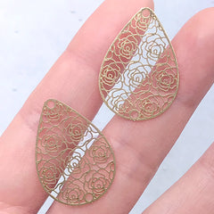 Filigree Rose Teardrop Bookmark Charm | Ornate Embellishments | Metal Resin Inclusions | UV Resin Jewelry DIY (2 pcs / 20mm x 28mm)