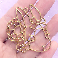 Flower Rabbit Open Bezel | Animal Charm | Floral Bunny Deco Frame for UV Resin Filling | Kawaii Jewelry DIY (1 piece / Gold / 46mm x 49mm)