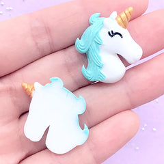 Cute Unicorn Cabochons | Mahou Kei Decoden Pieces | Magical Resin Cabochon | Kawaii Jewellery Making (2 pcs / Light Blue / 24mm x 28mm)