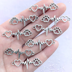 Paw Print Heartbeat Connector Charm | Vet Doctor Pendant | Animal Lover Jewelry Making | Gift for Veterinarian (8 pcs / Silver / 12mm x 34mm)