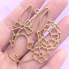 Flower Rabbit Open Bezel | Animal Charm | Floral Bunny Deco Frame for UV Resin Filling | Kawaii Jewelry DIY (1 piece / Gold / 46mm x 49mm)