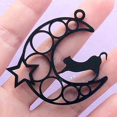 Moon and Kitty Open Bezel for UV Resin Filling | Kawaii Deco Frame | Acrylic Jewelry Supplies (1 piece / Black / 49mm x 48mm / 2 Sided)
