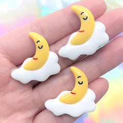 Kawaii Moon and Cloud Decoden Cabochon | Cute Weather Embellishment | Toddler Jewelry DIY Supplies (3 pcs / 28mm x 28mm)