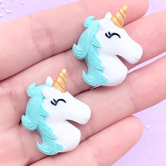 Cute Unicorn Cabochons | Mahou Kei Decoden Pieces | Magical Resin Cabochon | Kawaii Jewellery Making (2 pcs / Light Blue / 24mm x 28mm)