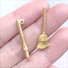 Witch Broomstick Charm | 3D Miniature Broom Pendant | Halloween Jewellery Supplies (8 pcs / Gold / 9mm x 27mm)