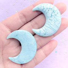 CLEARANCE Cracked Marble Moon Cabochon in Pearl Color | Kawaii Decoden Embellishments | Cell Phone Decoration (2 pcs / Blue / 33mm x 39mm)