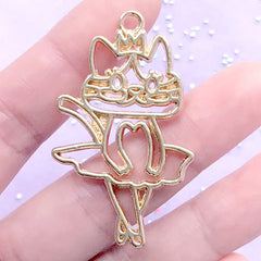 Ballerina Kitty Open Bezel | Kawaii Cat Dancing Ballet Charm | Cute Animal Open Frame for UV Resin Filling (1 piece / Gold / 29mm x 48mm)