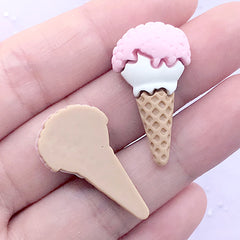 Strawberry Ice Cream Cabochons | Kawaii Craft Supplies | Faux Sweet Deco | Fake Food Embellishments (2 pcs / Pink / 16mm x 29mm)