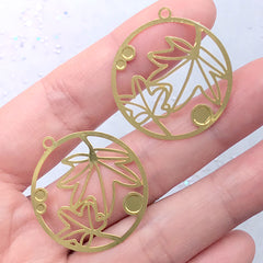 Maple Leaf Circle Metal Bookmark Charm | Floral Deco Frame for UV Resin Filling | Open Bezel Pendant (2 pcs / 28mm x 30mm)