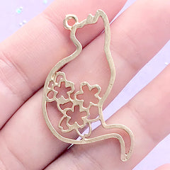 Sakura Kitty Open Bezel | Cat with Cherry Blossom Pattern Charm | Animal Deco Frame for UV Resin (1 piece / Gold / 23mm x 42mm)