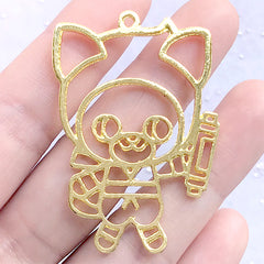 Ninja Cat Open Bezel Charm | Kawaii Animal Shinobi Deco Frame for UV Resin Jewelry Making (1 piece / Gold / 34mm x 49mm)