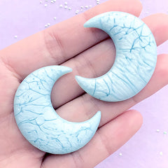 CLEARANCE Cracked Marble Moon Cabochon in Pearl Color | Kawaii Decoden Embellishments | Cell Phone Decoration (2 pcs / Blue / 33mm x 39mm)