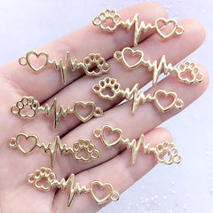 Paw Heartbeat Connector Charm | Veterinarian Pendant | Vet Doctor Jewelry DIY | Gift for Animal Lover (8 pcs / Gold / 12mm x 34mm)
