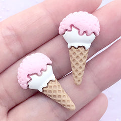 Strawberry Ice Cream Cabochons | Kawaii Craft Supplies | Faux Sweet Deco | Fake Food Embellishments (2 pcs / Pink / 16mm x 29mm)