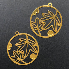 Maple Leaf Circle Metal Bookmark Charm | Floral Deco Frame for UV Resin Filling | Open Bezel Pendant (2 pcs / 28mm x 30mm)