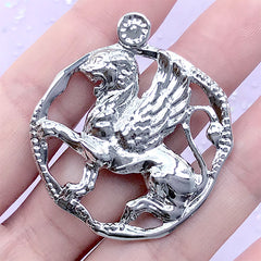 CLEARANCE Mythological Creature Charm | Winged Lion Pendant | Fantasy Jewelry Supplies (1 piece / Silver / 38mm x 43mm)