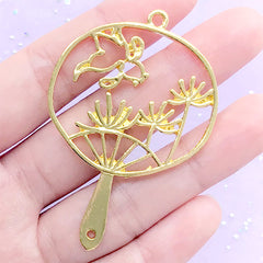 Goldfish and Red Spider Lily Handheld Fan Open Bezel Pendant | Oriental Hand Fan Deco Frame for UV Resin Jewellry DIY (1 piece / Gold / 40mm x 60mm)