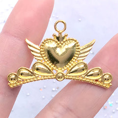 Kawaii Winged Heart Crown Bezel Charm | Magical Girl Enamel Jewelry Making (1 piece / Gold / 40mm x 26mm)