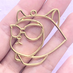 Little Red Riding Hood Kitty with Eyeglasses Open Bezel | Kawaii Cat Deco Frame for UV Resin Filling (1 piece / Gold / 40mm x 39mm)