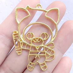 Ninja Cat Open Bezel Charm | Kawaii Animal Shinobi Deco Frame for UV Resin Jewelry Making (1 piece / Gold / 34mm x 49mm)