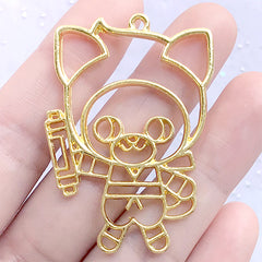 Ninja Cat Open Bezel Charm | Kawaii Animal Shinobi Deco Frame for UV Resin Jewelry Making (1 piece / Gold / 34mm x 49mm)