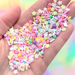 Pastel Sakura Polymer Clay Slices and Faux Sugar Pearls and Colorful Chocolate Strands | Fake Food Sprinkles (10 grams)