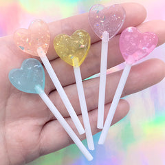 Heart Shaped Lollipop Cabochon | Fake Candy Embellishment | Sweets Decoden Supplies | Kawaii Jewellery DIY (5 pcs / Mix / 18mm x 60mm)