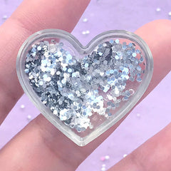 DEFECT Heart Resin Shaker Charm | Glittery Decoden Cabochon with Shaker Oil and Glitter | Kawaii Phone Case Deco (1 piece / Silver / 35mm x 30mm)