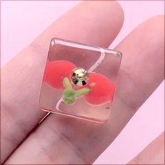 Kawaii Cherry Cube Charm | Miniature Fruit in Ice Cube Pendant | Fake Food Jewelry DIY (1 Piece / Red / 16mm x 22mm)