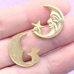 Kawaii Moon Face and Star Embellishments for UV Resin Art Deco | Astronomy Jewellery Making | Resin Inclusions (3 pcs / Gold / 17mm x 18mm)
