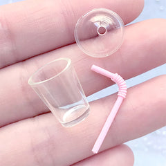 Mini Boba Tea Cup with Dome Lid and Straw | Miniature Frappuccino Cup | Kawaii Doll Food Making (1 Set / Pink / 14mm x 21mm)