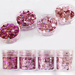 Chunky Hexagon Glitter in AB Pink (4 pcs) | Iridescent Confetti Flakes | Bling Bling Resin Inclusions | Nail Art Supplies (1-3mm)