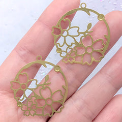 Cherry Blossom Circle Metal Bookmark Charm | Sakura Open Bezel | Flower Deco Frame for UV Resin Filling (2 pcs / 30mm x 32mm)