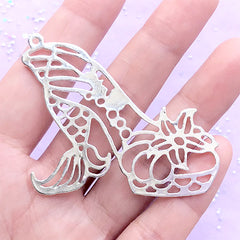 Mermaid Tail High Heel Open Bezel Charm | Fairy Tale Deco Frame for UV Resin Filling | Kawaii Craft Supplies (1 piece / Silver / 54mm x 46mm)