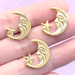 Kawaii Moon Face and Star Embellishments for UV Resin Art Deco | Astronomy Jewellery Making | Resin Inclusions (3 pcs / Gold / 17mm x 18mm)