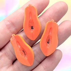 Dollhouse Papaya Cabochons | Miniature Fruit Embellishment | Kawaii Decoden Piece | Faux Food Jewellery DIY (3 pcs / 15mm x 31mm)