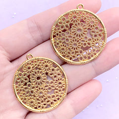 Openwork Flower Circle Charm | Round Floral Pendant | UV Resin Jewelry Making (2 pcs / Gold / 31mm x 34mm)