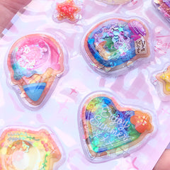 Kawaii Sequin Shaker Stickers | Cute Spangle Stickers | Pineapple Camera Ice Cream Bottle Jar Heart Seashell Star Sticker