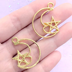 Moon and Star Open Back Bezel Charm | Magical Girl Deco Frame for UV Resin Filling | Kawaii Jewellery Supplies (2 pcs / Gold / 25mm x 31mm)