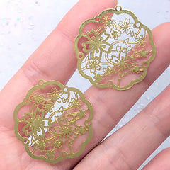 Oriental Sakura Metal Bookmark Charm | Cherry Blossom Open Bezel | Floral Deco Frame for UV Resin Jewellery DIY (2 pcs / 30mm x 31mm)