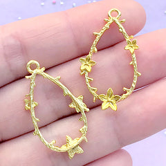 Teardrop Frame with Flower Open Bezel | Floral Deco Frame for UV Resin Filling | Resin Jewellery Supplies (2 pcs / Gold / 18mm x 31mm)