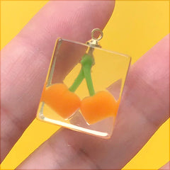 Kawaii Fruit in Ice Cube Charm | Cherry Cube Pendant | Faux Food Jewelry Supplies (1 Piece / Orange / 16mm x 22mm)