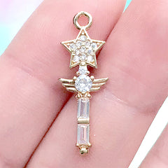 Star Magic Wand Rhinestone Charm | Kawaii Magical Girl Pendant | Cute Jewellery DIY (1 piece / Gold / 9mm x 26mm)