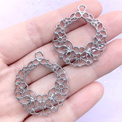 Floral Wreath Open Back Bezel Pendant | Flower Circle Deco Frame for UV Resin Filling (2 pcs / Silver / 30mm x 34mm)