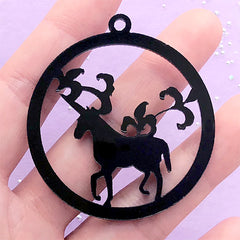 Unicorn Forest Open Bezel | Black Acrylic Charm | Round Deco Frame for UV Resin Craft (1 piece / Black / 48mm x 52mm / 2 Sided)