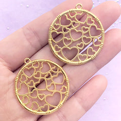 Circle Heart Openwork Charm | Round Open Bezel Pendant | Cute Deco Frame for UV Resin Filling (2 pcs / Gold / 32mm x 35mm)