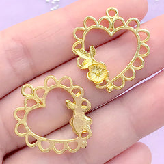 Lace Heart with Flower Open Bezel for UV Resin Filling | Filigree Heart Deco Frame | Kawaii Lolita Resin Jewelry DIY (2 pcs / Gold / 22mm x 25mm)