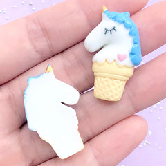 Kawaii Unicorn Ice Cream Resin Cabochons | Decoden Craft Supplies | Cute Embellishments for Slime DIY (2 pcs / Blue / 20mm x 31mm)